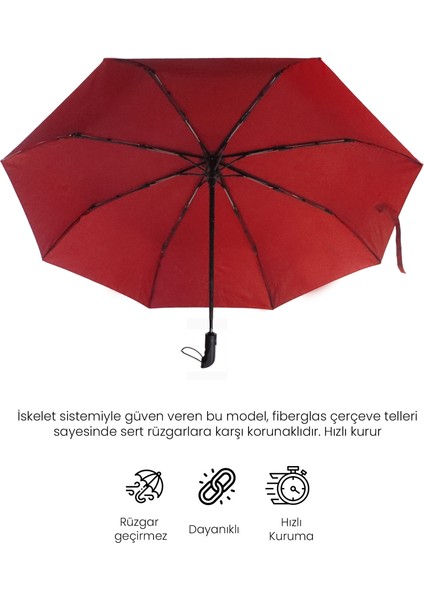 Moods Up Premium Bordo Otomatik Şemsiye, Rüzgara Dayanıklı, Hızlı Kuruyan, Hafif, Kılıflı