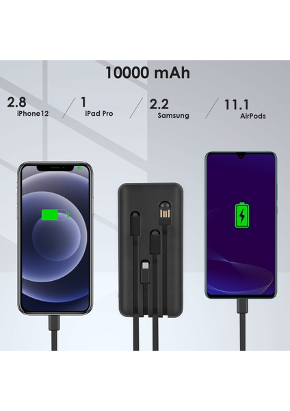 GAR148 10000 Mah Taşınabilir Şarj Cihazı - Dahili 4 Kablo - Hızlı Şarj Destekli - Usb-A Çıkışlı Powerbank - Siyah fiyatları