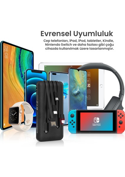 GAR148 10000 Mah Taşınabilir Şarj Cihazı - Dahili 4 Kablo - Hızlı Şarj Destekli - Usb-A Çıkışlı Powerbank - Siyah modelleri