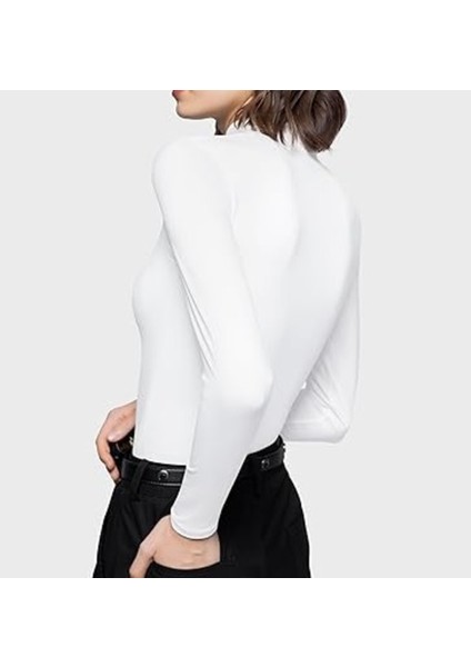 Beyaz Darkalıp Slimfit Soft Touch Interlok Penye Kumaş Basic Yarım Balıkçı Bluz