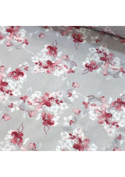 Bordo Gri Suluboya Çiçek Nevresimlik Poplin Kumaş-Vrgld