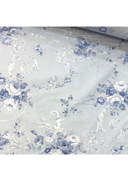 Gri Mavi Gül Demeti Nevresimlik Poplin Kumaş-Tknhm