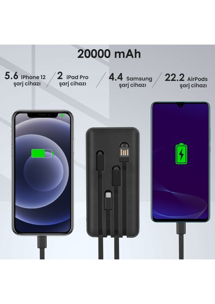GAR159 20000 Mah Taşınabilir Şarj Cihazı - Dahili 4 Kablo - Usb-A Çıkışlı - Hızlı Şarj Destekli Powerbank - Siyah fiyatları