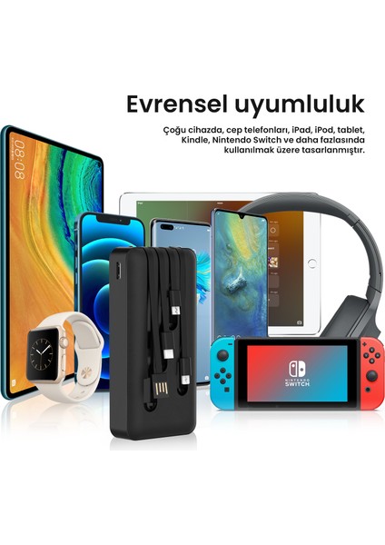 GAR159 20000 Mah Taşınabilir Şarj Cihazı - Dahili 4 Kablo - Usb-A Çıkışlı - Hızlı Şarj Destekli Powerbank - Siyah