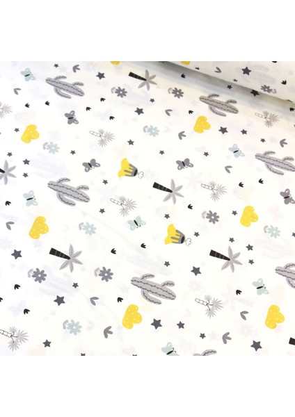 Sarı Mint Gri Kaktüs Nevresimlik Poplin Kumaş- cm lhm
