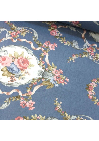 Mavi Pembe Buket Vintage Nevresimlik Poplin Kumaş-Tknhm