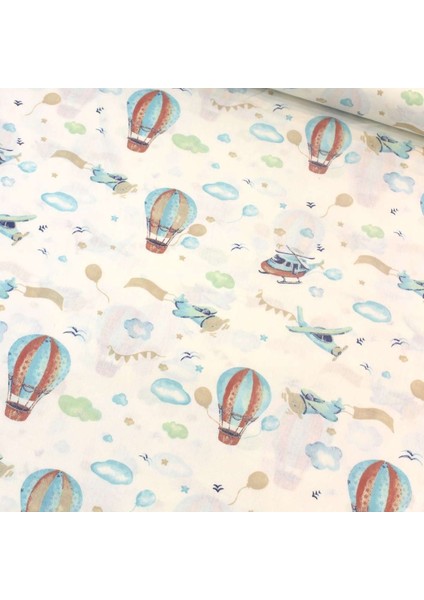 Mavi Yeşil Uçan Balon Nevresimlik Poplin Kumaş-Tknhm