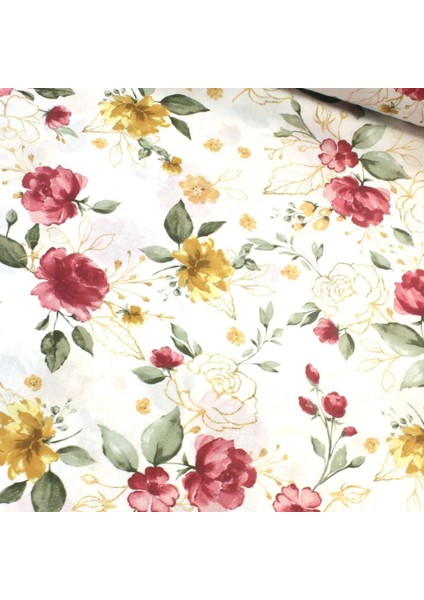 Kırmızı Suluboya Gül Nevresimlik Poplin Kumaş-Dstr