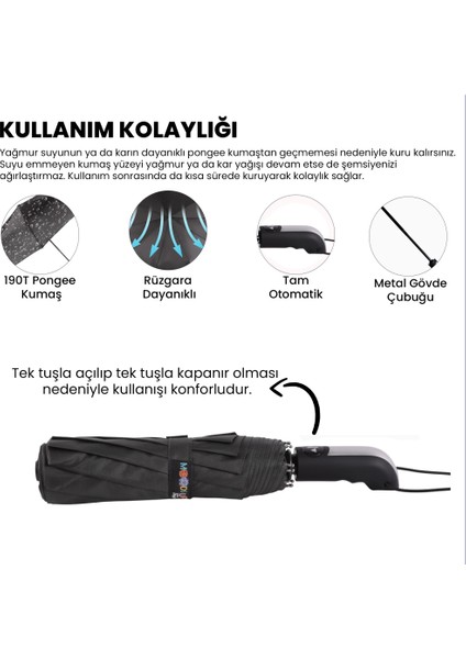 Moods Up Premium Gri Otomatik Şemsiye, Rüzgara Dayanıklı, Hızlı Kuruyan, Hafif, Kılıflı