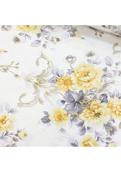 Indigo Sarı Çiçek Demeti Nevresimlik Poplin Kumaş-Deco