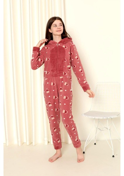 Desenli Kışlık Kız Çocuk Polar Tulum Pijama Takımı