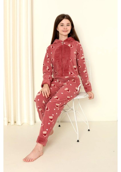 Desenli Kışlık Kız Çocuk Polar Tulum Pijama Takımı