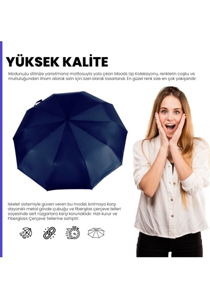 Moods Up Premium Ahşap Saplı Lacivert Otomatik Şemsiye, Rüzgara Dayanıklı, Hızlı Kuruyan