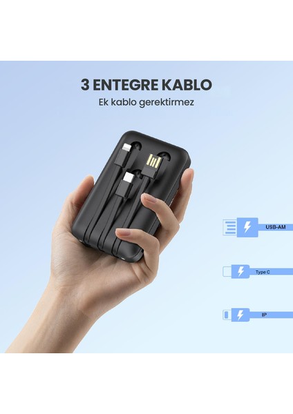GAR261 5000 Mah Taşınabilir Hızlı Şarj Cihazı - 3 Çıkışlı - Usb-C, Usb-A, Lightning Powerbank - Siyah