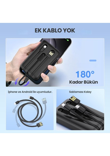 GAR261 5000 Mah Taşınabilir Hızlı Şarj Cihazı - 3 Çıkışlı - Usb-C, Usb-A, Lightning Powerbank - Siyah