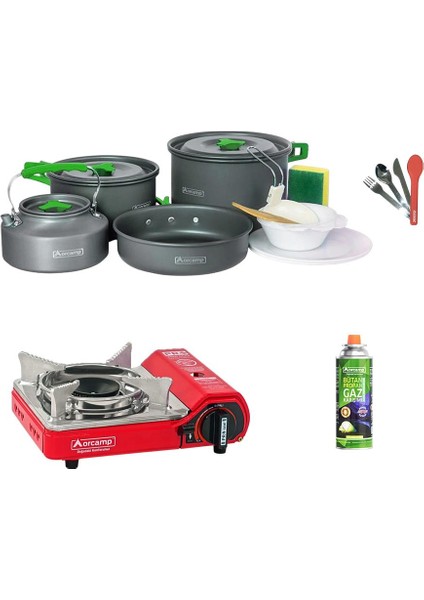 Tekli Mini Portatif Ocak Kırmızı+1 Adet Kartuş Kts 227+4 Parça Tencere Seti+Çatal Kaşık Bıçak Kırmızı ORC-013-D3
