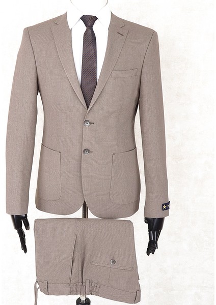 Slim Fit Beli Lastikli-Yarım Astar-Mono Yaka-Çift Yırtmaç Kahverengi Torba Cep Drop 6 Takım Elbise