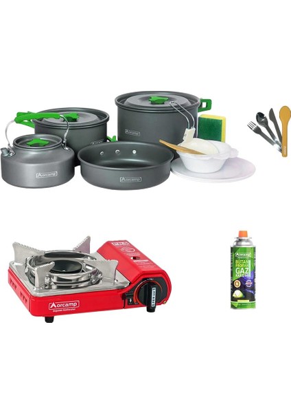 Tekli Mini Portatif Ocak Kırmızı+1 Adet Kartuş Kts 227+4 Parça Tencere Seti+Çatal Kaşık Bıçak Sarı ORC-013-D2