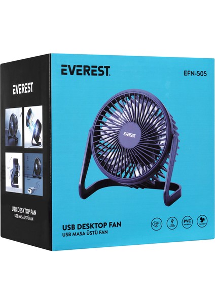 EFN-505 360 Derece Dönüş  Taşınabilir Mini Masaüstü Lacivert USB Fan Vantilatör