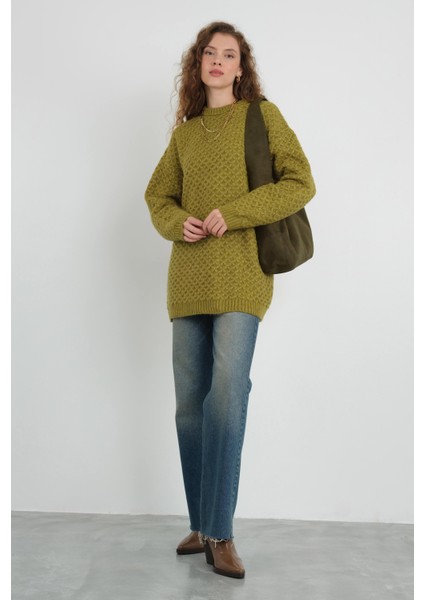 Örümcek Örgülü Kazak Yağ Yeşili