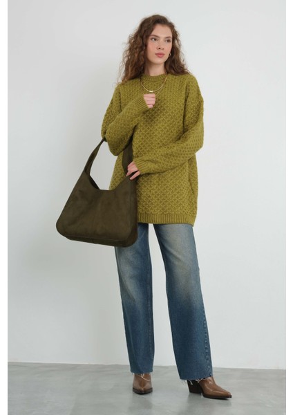 Örümcek Örgülü Kazak Yağ Yeşili modelleri