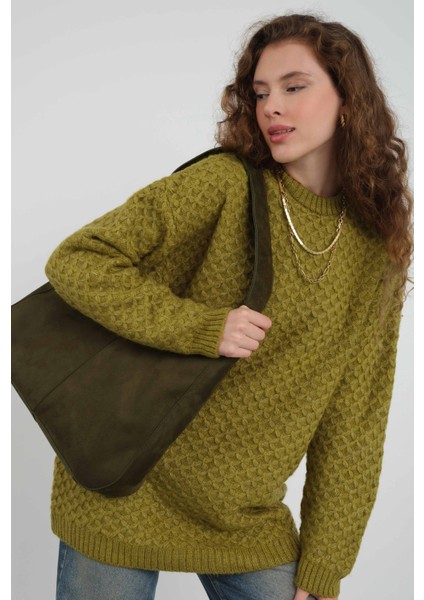 Örümcek Örgülü Kazak Yağ Yeşili indirimleri