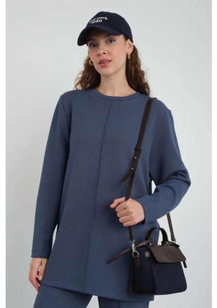 Nervürlü Modal Sweat Kot Mavi