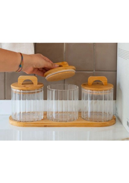 Mien Izy Premium 3lü Bambu Silikon Vakum Kapaklı Cam Baharatlık Seti 600×3 Ml.