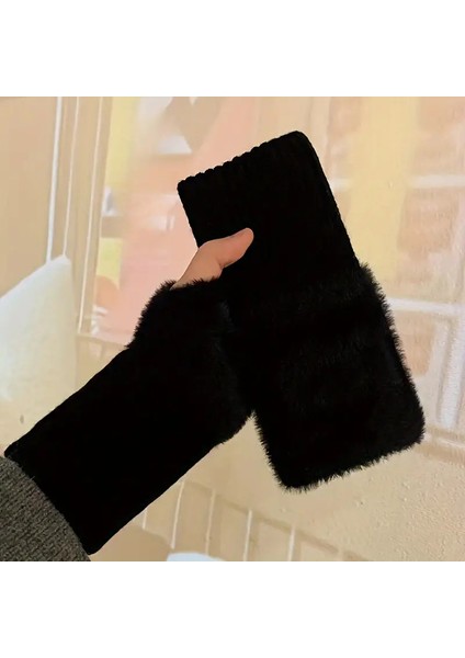 Kadın Kışlık Örgü Parmaksız Eldiven, 1 Çift Unisex Sıcak Bisiklet Yarım Parmak Eldivenleri Kalınlaştırılmış Peluş Astarlı, Polyester Kumaş