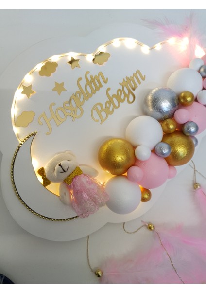 Bebek Kapı Süsü Ledli Bubble Ayıcıklı Ahşap Bulut Pano