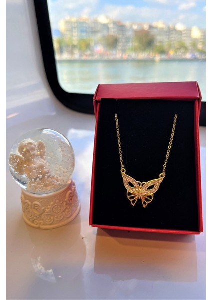 Kelebekli Gold Kolye ve Kar Küresi Doğum Günü Hediyesi Sevgiliye Hediye Kolye Küre Arkadaşa Hediye