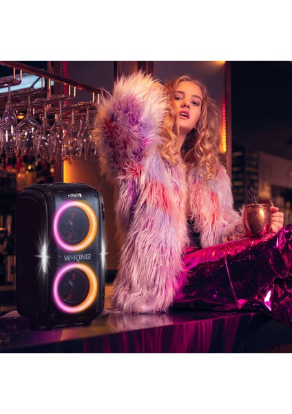 W-Kıng T9PRO Çift Mikrofonlu Bluetooth Hoparlör 250W Işıklı Karaoke Partybox Ipx5 Kablosuz Ses Bombası Siyah