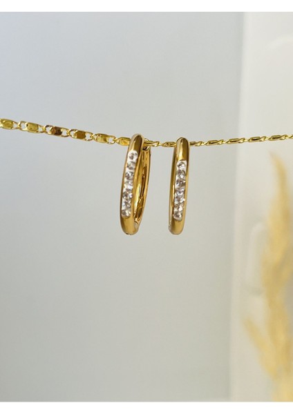 Çelik Gold Renk Zircon Taşlı Halka Küpe 12 mm