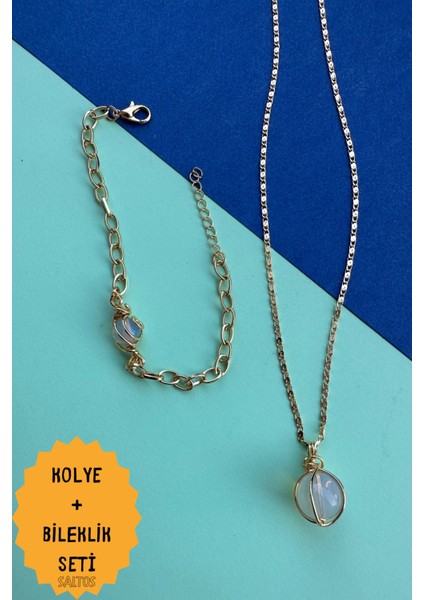 Ay Taşlı Kolye Bileklik Seti Gold Zincirli Ay Taşı Kolye Bileklik Kadın Kolye Bileklik Seti Ay Taşlı