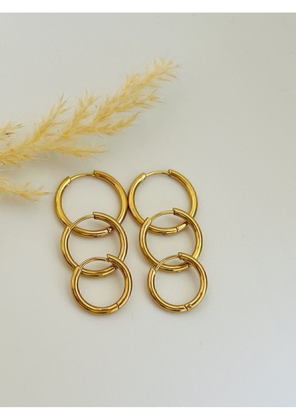 Üçlü Set Çelik Gold Kaplama Halka Küpe 12 mm - 15 mm - 18 mm