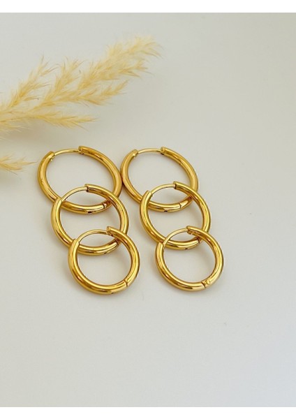 Üçlü Set Çelik Gold Kaplama Halka Küpe 12 mm - 15 mm - 18 mm