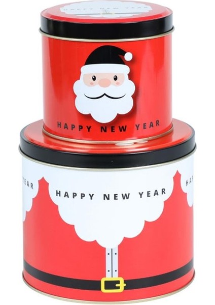 Yılbaşı Kutusu Noel Baba Temalı Yuvarlak Metal Saklama Kutusu 2'li Set Kırmızı