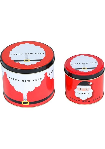 Yılbaşı Kutusu Noel Baba Temalı Yuvarlak Metal Saklama Kutusu 2'li Set Kırmızı