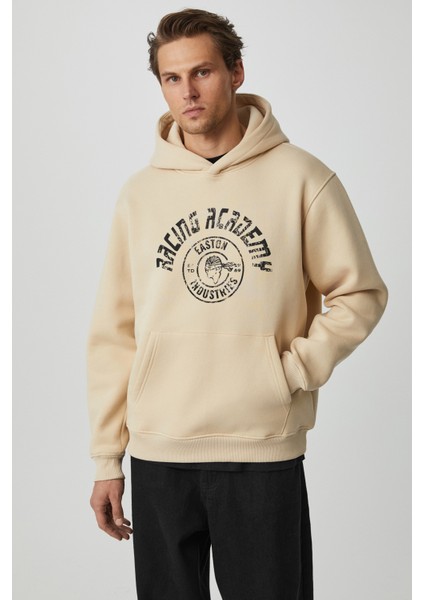 Edgar Erkek Yumuşacık Kapüşonlu Oversize Bej Sweatshirt