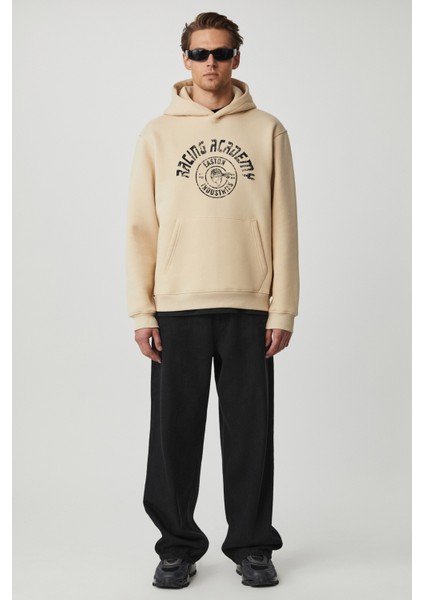 Edgar Erkek Yumuşacık Kapüşonlu Oversize Bej Sweatshirt