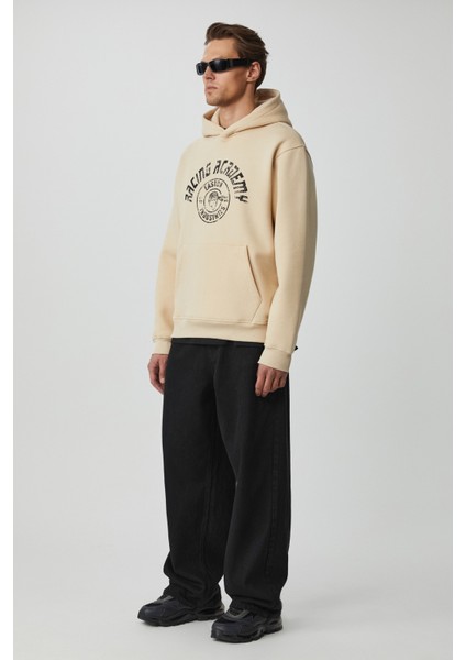 Edgar Erkek Yumuşacık Kapüşonlu Oversize Bej Sweatshirt