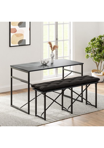 Masa Takımı Bench Bank Minderli Masa Seti 120 x 60 Mutfak ve Yemek Masası Beyaz 1563