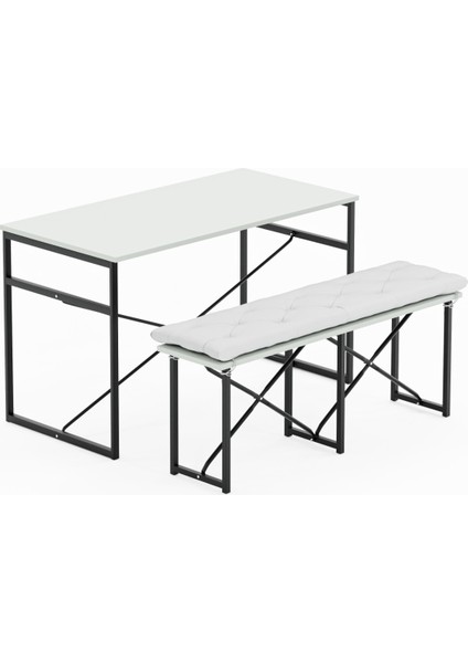 Masa Takımı Bench Bank Minderli Masa Seti 120 x 60 Mutfak ve Yemek Masası Beyaz 1563