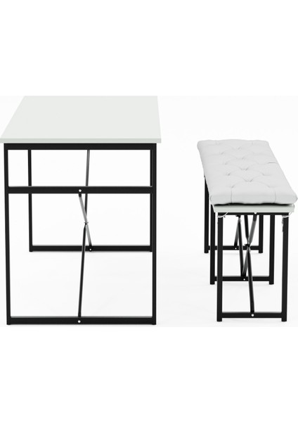 Masa Takımı Bench Bank Minderli Masa Seti 120 x 60 Mutfak ve Yemek Masası Beyaz 1563