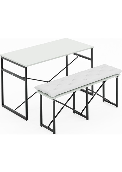 Masa Takımı Bench Bank Minderli Masa Seti 120 x 60 Mutfak ve Yemek Masası Beyaz 1563