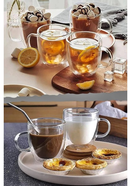 Çift Cidarlı Bardak Cam Kupa 310 ml Ev Ofis Espresso Kahve Fincanı Borosilikat Kulplu Çay Bardağı El