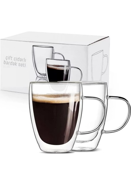 Çift Cidarlı Bardak Cam Kupa 310 ml Ev Ofis Espresso Kahve Fincanı Borosilikat Kulplu Çay Bardağı El