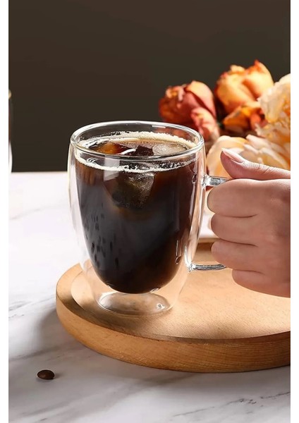 Çift Cidarlı Bardak Cam Kupa 310 ml Ev Ofis Espresso Kahve Fincanı Borosilikat Kulplu Çay Bardağı El