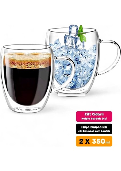 Berdina Home 2'li Çift Cidarlı Bardak 350 ml Isıya Dayanıklı Borosilikat Espresso Sunum Bardağı Kulplu Kahve Kupa