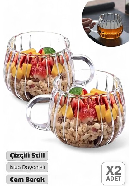 2'li Çizgili Still Cam Bardak 250 ml Isıya Dayanıklı Kahve Sunum Bardağı Kupa Kulplu Çay Fincanı
